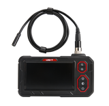 UNI-T UT667-10M Industrial Borescope – 4.3" IPS Screen, 8mm Lens, 10 m Replaceable Probe, IP67, 8 LED, Inspection Endoscope Camera - a black handheld monitor with a screen, control buttons, and a long black camera probe attached via a connector.