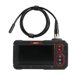 UNI-T UT667-10M Industrial Borescope – 4.3" IPS Screen, 8mm Lens, 10 m Replaceable Probe, IP67, 8 LED, Inspection Endoscope Camera - a black handheld monitor with a screen, control buttons, and a long black camera probe attached via a connector.