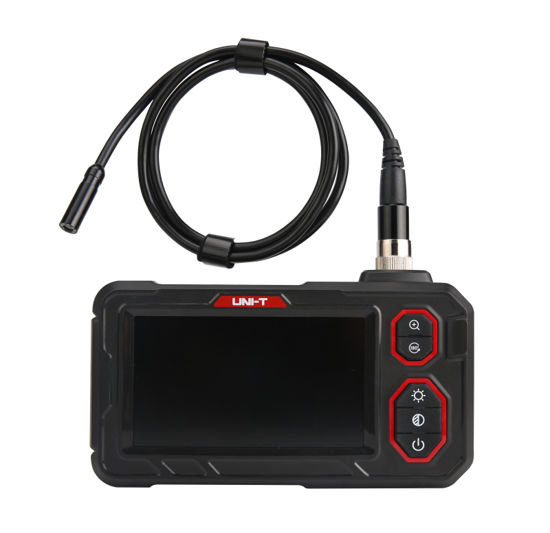 UNI-T UT667-10M Industrial Borescope – 4.3" IPS Screen, 8mm Lens, 10 m Replaceable Probe, IP67, 8 LED, Inspection Endoscope Camera - a black handheld monitor with a screen, control buttons, and a long black camera probe attached via a connector.