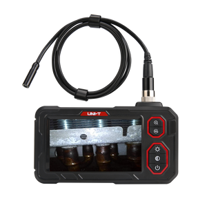UNI-T UT667-10M Industrial Borescope – 4.3" IPS Screen, 8mm Lens, 10 m Replaceable Probe, IP67, 8 LED, Inspection Endoscope Camera - with a black handheld unit, 4.3-inch screen showing internal pipes, a long probe cable, and red-accented buttons.