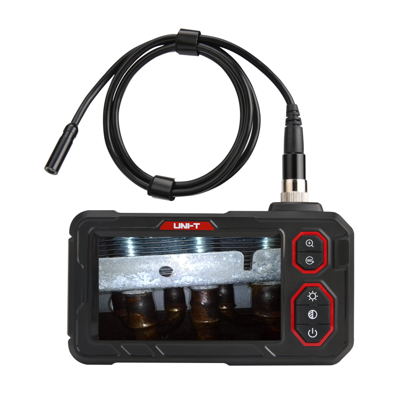 UNI-T UT667-10M Industrial Borescope – 4.3" IPS Screen, 8mm Lens, 10 m Replaceable Probe, IP67, 8 LED, Inspection Endoscope Camera - with a black handheld unit, 4.3-inch screen showing internal pipes, a long probe cable, and red-accented buttons.