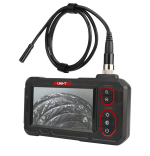 UNI-T UT667-10M Industrial Borescope – 4.3" IPS Screen, 8mm Lens, 10 m Replaceable Probe, IP67, 8 LED, Inspection Endoscope Camera - with a black handheld unit, 4.3-inch screen showing a metallic surface, control buttons, and a long probe cable.