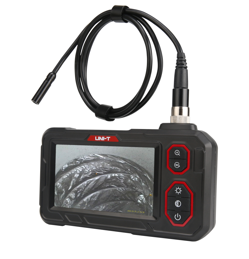 UNI-T UT667-10M Industrial Borescope – 4.3" IPS Screen, 8mm Lens, 10 m Replaceable Probe, IP67, 8 LED, Inspection Endoscope Camera - with a black handheld unit, 4.3-inch screen showing a metallic surface, control buttons, and a long probe cable.