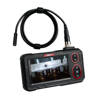 UNI-T UT667-10M Industrial Borescope – 4.3" IPS Screen, 8mm Lens, 10 m Replaceable Probe, IP67, 8 LED, Inspection Endoscope Camera - with a black handheld display showing a metal pipe interior, connected to a long probe cable with a camera tip.