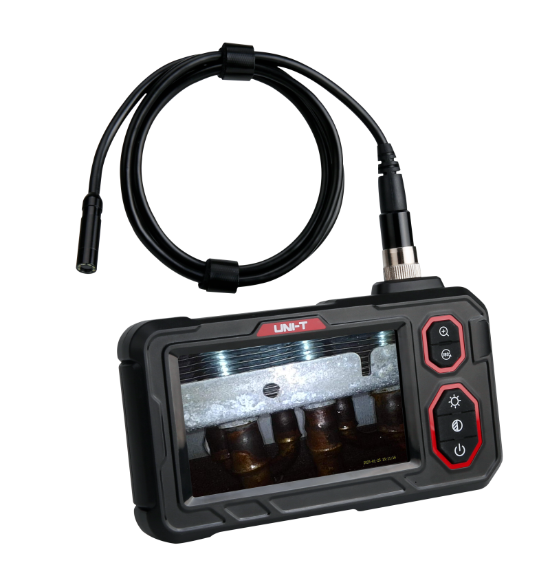 UNI-T UT667-10M Industrial Borescope – 4.3" IPS Screen, 8mm Lens, 10 m Replaceable Probe, IP67, 8 LED, Inspection Endoscope Camera - with a black handheld display showing a metal pipe interior, connected to a long probe cable with a camera tip.
