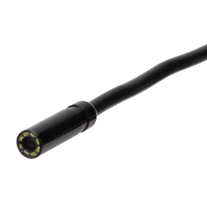 UNI-T UT667-10M Industrial Borescope – 4.3" IPS Screen, 8mm Lens, 10 m Replaceable Probe, IP67, 8 LED, Inspection Endoscope Camera - a close-up of the black camera probe tip featuring an 8mm lens surrounded by integrated LED lights.