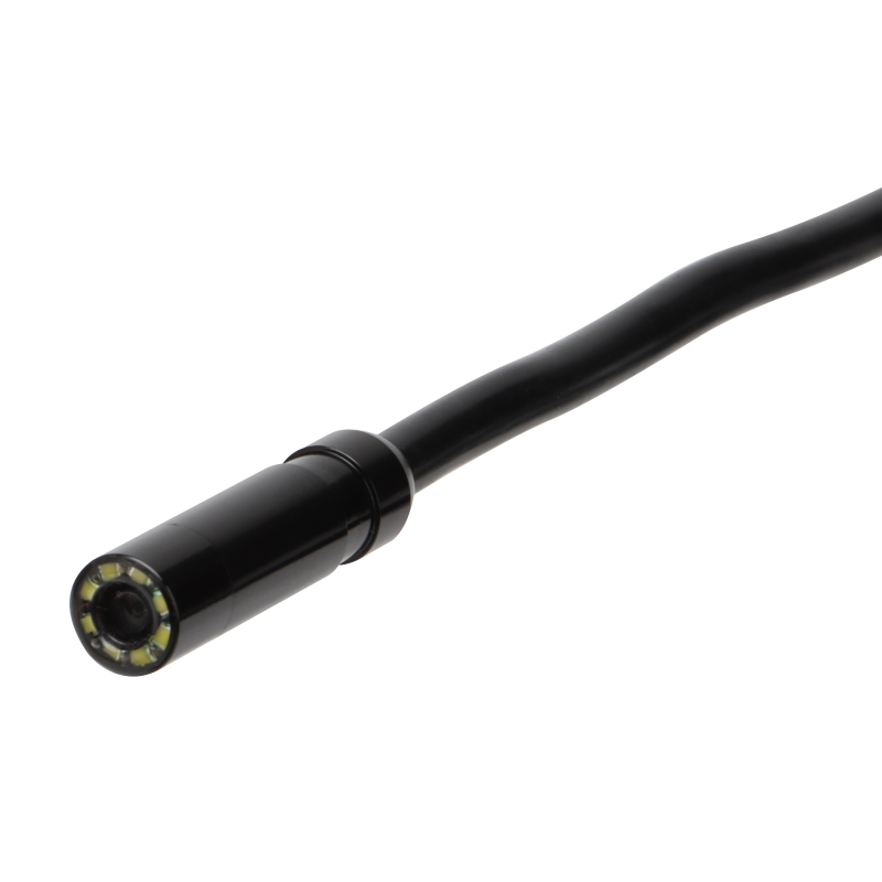 UNI-T UT667-10M Industrial Borescope – 4.3" IPS Screen, 8mm Lens, 10 m Replaceable Probe, IP67, 8 LED, Inspection Endoscope Camera - a close-up of the black camera probe tip featuring an 8mm lens surrounded by integrated LED lights.