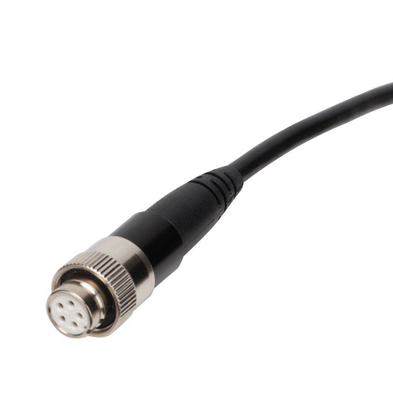 UNI-T UT667-10M Industrial Borescope – 4.3" IPS Screen, 8mm Lens, 10 m Replaceable Probe, IP67, 8 LED, Inspection Endoscope Camera - close-up of the black cable with a circular metal connector featuring a five-pin white interface.