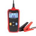 UNI-T UT673A Automotive Battery Tester – 12V/24V, CCA 40–2000, Cranking & Charging System Test, Internal Resistance, Battery Health Analyzer - red handheld casing with a digital screen showing menu icons, navigation buttons, and attached black and red clamps.