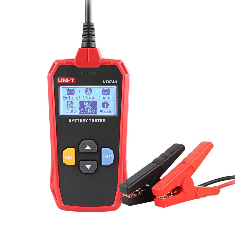 UNI-T UT673A Automotive Battery Tester – 12V/24V, CCA 40–2000, Cranking & Charging System Test, Internal Resistance, Battery Health Analyzer - red handheld casing with a digital screen showing menu icons, navigation buttons, and attached black and red clamps.
