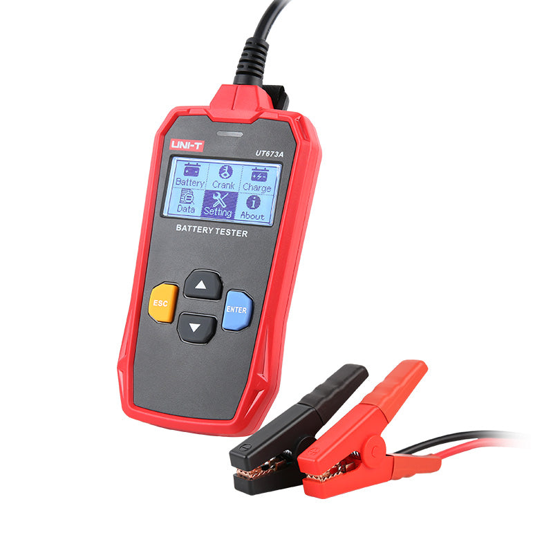 UNI-T UT673A Automotive Battery Tester – 12V/24V, CCA 40–2000, Cranking & Charging System Test, Internal Resistance, Battery Health Analyzer - red handheld case with a digital screen showing menu icons, navigation buttons, and attached black and red clamps.