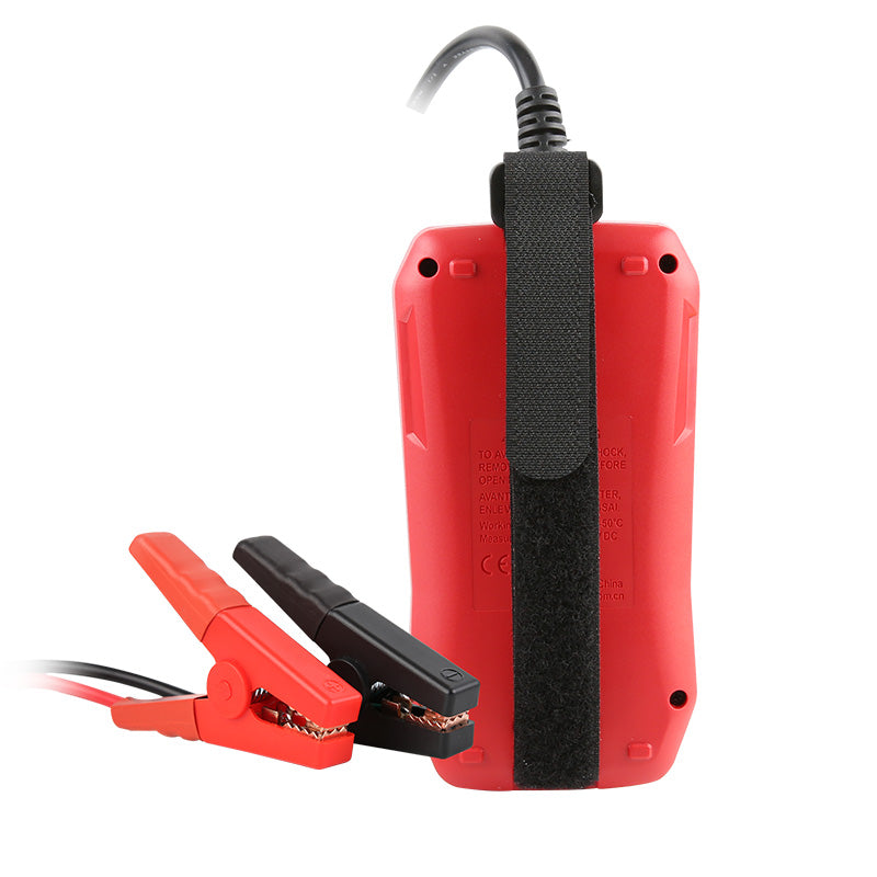 UNI-T UT673A Automotive Battery Tester – 12V/24V, CCA 40–2000, Cranking & Charging System Test, Internal Resistance, Battery Health Analyzer - the red handheld device with a black velcro strap and attached red and black battery alligator clips.