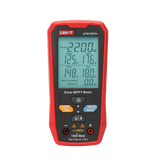 UNI-T UT673PV+ Solar MPPT Meter – 5–2200W, 10–150V, 0–20A, Bluetooth App, Data Storage, MC4 Test Lead, CAT 0 150V, PV Solar Panel Tester - a red handheld device showing a digital display with 2200W, 125V, 17.6A, 148V, 18.0A, buttons, and two input ports.