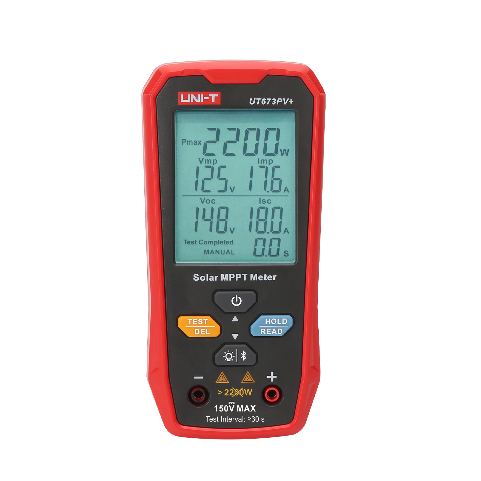 UNI-T UT673PV+ Solar MPPT Meter – 5–2200W, 10–150V, 0–20A, Bluetooth App, Data Storage, MC4 Test Lead, CAT 0 150V, PV Solar Panel Tester - a red handheld device showing a digital display with 2200W, 125V, 17.6A, 148V, 18.0A, buttons, and two input ports.