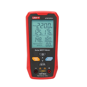 UNI-T UT673PV+ Solar MPPT Meter – 5–2200W, 10–150V, 0–20A, Bluetooth App, Data Storage, MC4 Test Lead, CAT 0 150V, PV Solar Panel Tester - a red handheld device showing a digital display with 2200W, 125V, 17.6A, 148V, 18.0A, buttons, and two input ports.