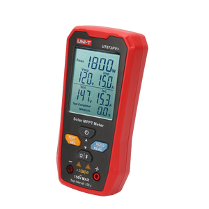 UNI-T UT673PV+ Solar MPPT Meter – 5–2200W, 10–150V, 0–20A, Bluetooth App, Data Storage, MC4 Test Lead, CAT 0 150V, PV Solar Panel Tester - a red handheld device showing a digital screen with 1800W, 120V, 15.0A, 147.1V, 15.3A, and control buttons below.