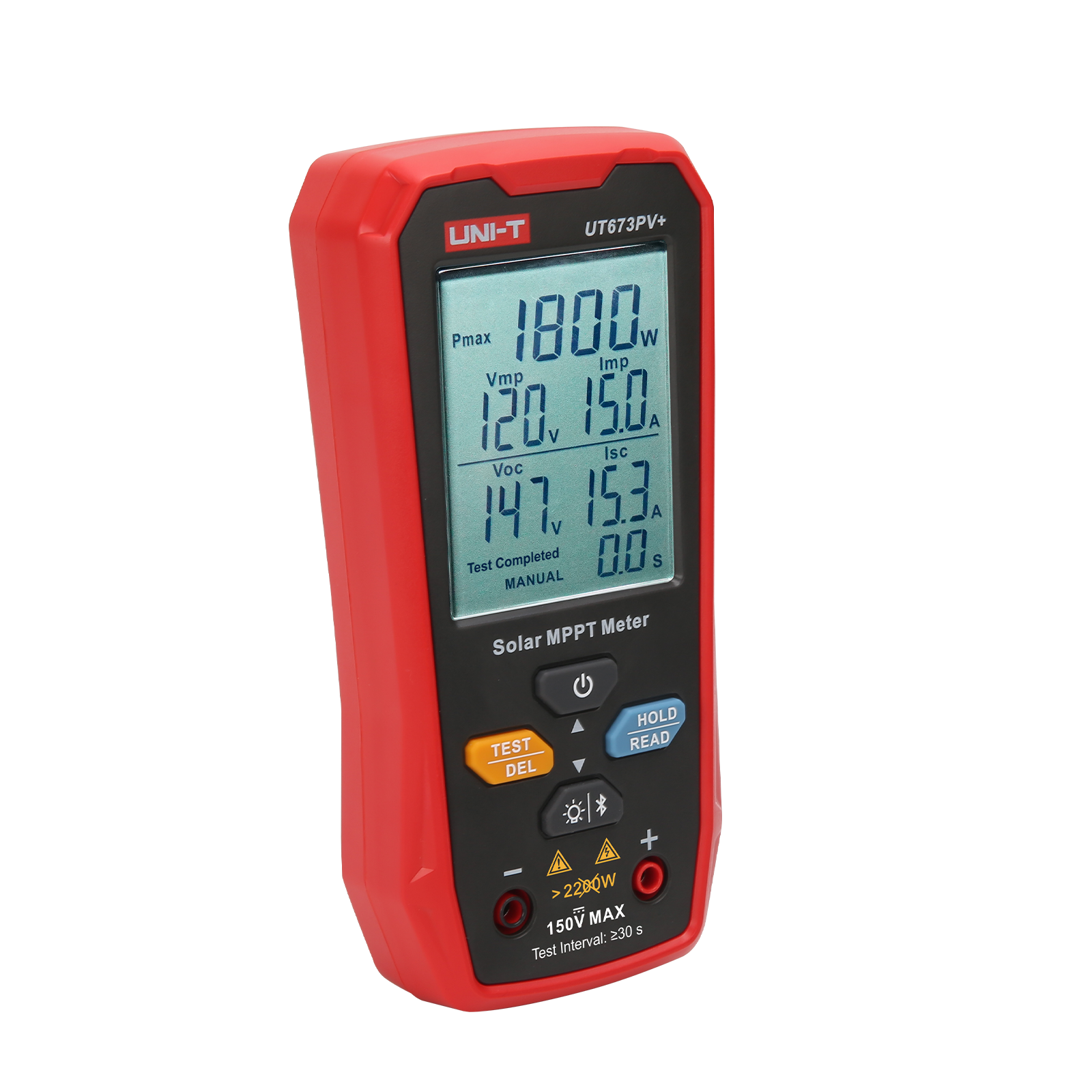 UNI-T UT673PV+ Solar MPPT Meter – 5–2200W, 10–150V, 0–20A, Bluetooth App, Data Storage, MC4 Test Lead, CAT 0 150V, PV Solar Panel Tester - a red handheld device showing a digital screen with 1800W, 120V, 15.0A, 147V, 15.3A, and control buttons.