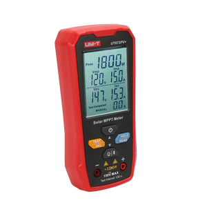 UNI-T UT673PV+ Solar MPPT Meter – 5–2200W, 10–150V, 0–20A, Bluetooth App, Data Storage, MC4 Test Lead, CAT 0 150V, PV Solar Panel Tester - a red handheld device showing a digital screen with 1800W, 120V, 15.0A, 147V, 15.3A, and control buttons.