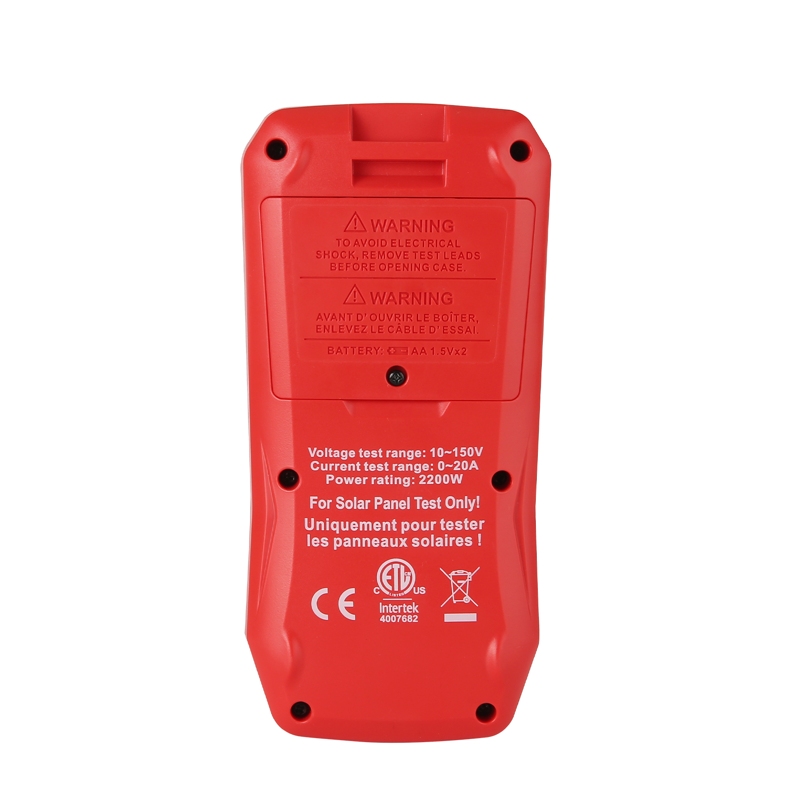 UNI-T UT673PV+ Solar MPPT Meter – 5–2200W, 10–150V, 0–20A, Bluetooth App, Data Storage, MC4 Test Lead, CAT 0 150V, PV Solar Panel Tester - rear view showing the red plastic casing, battery compartment, and printed technical specifications and safety warnings.