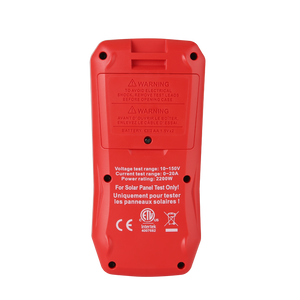 UNI-T UT673PV+ Solar MPPT Meter – 5–2200W, 10–150V, 0–20A, Bluetooth App, Data Storage, MC4 Test Lead, CAT 0 150V, PV Solar Panel Tester - rear view showing the red plastic casing, battery compartment, and printed technical specifications and safety warnings.