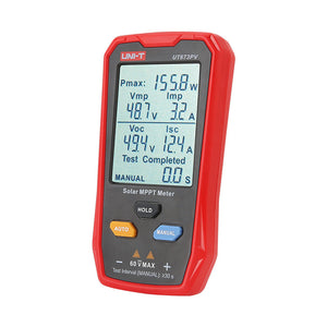 UNI-T UT673PV Solar MPPT Power Meter – 5–800W, 12–60V, 0–35A, Manual/Auto MPPT Test, Solar-Panel Powered, PV Output Tester - handheld device with a digital screen showing test results, control buttons, and input ports.