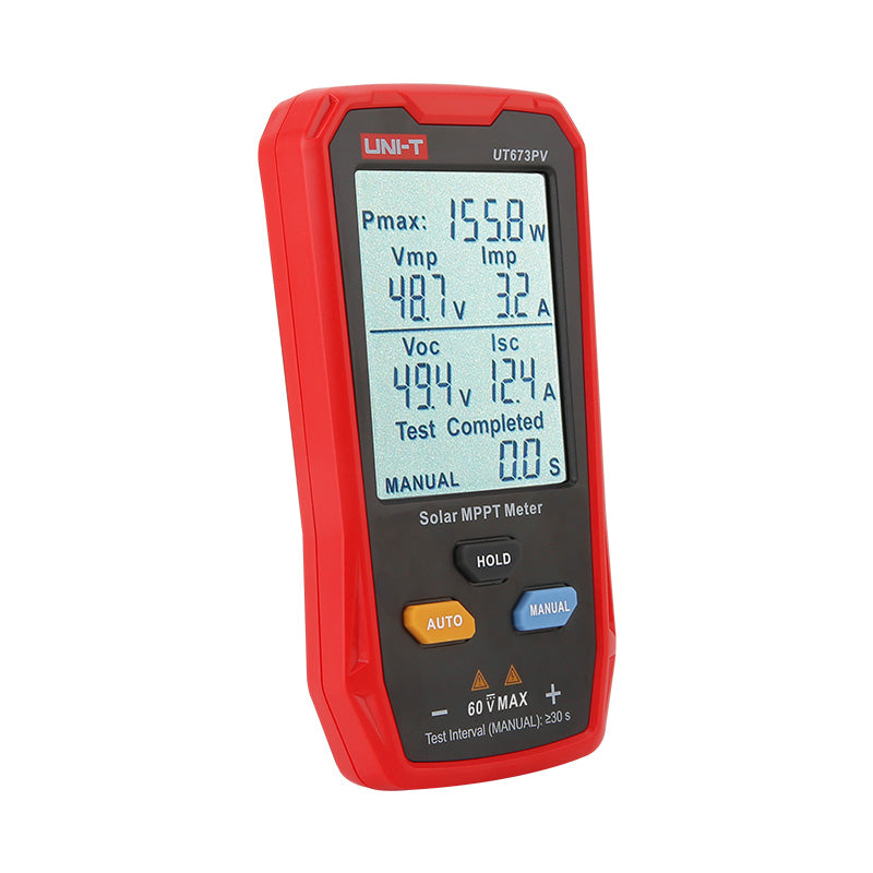 UNI-T UT673PV Solar MPPT Power Meter – 5–800W, 12–60V, 0–35A, Manual/Auto MPPT Test, Solar-Panel Powered, PV Output Tester - handheld device with a digital display showing test results, control buttons, and input ports.