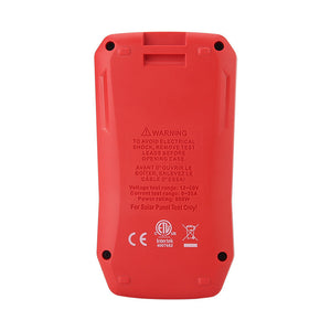 UNI-T UT673PV Solar MPPT Power Meter – 5–800W, 12–60V, 0–35A, Manual/Auto MPPT Test, Solar-Panel Powered, PV Output Tester - rear view of the red plastic casing showing warning text, specifications, and safety certification logos.