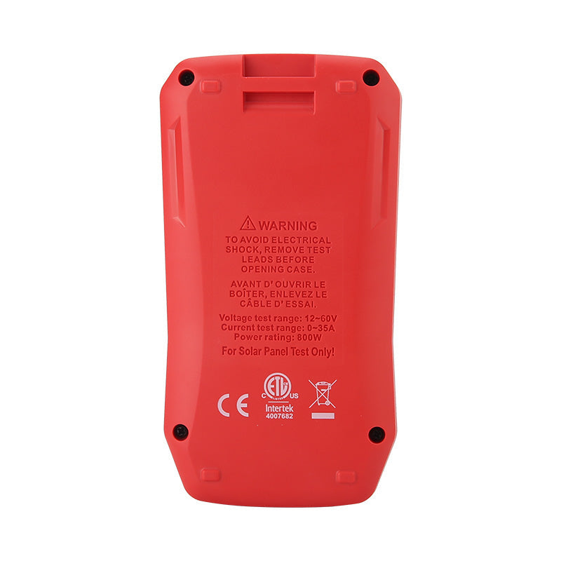 UNI-T UT673PV Solar MPPT Power Meter – 5–800W, 12–60V, 0–35A, Manual/Auto MPPT Test, Solar-Panel Powered, PV Output Tester - rear view of the red plastic casing showing warning text, specifications, and safety certification logos.