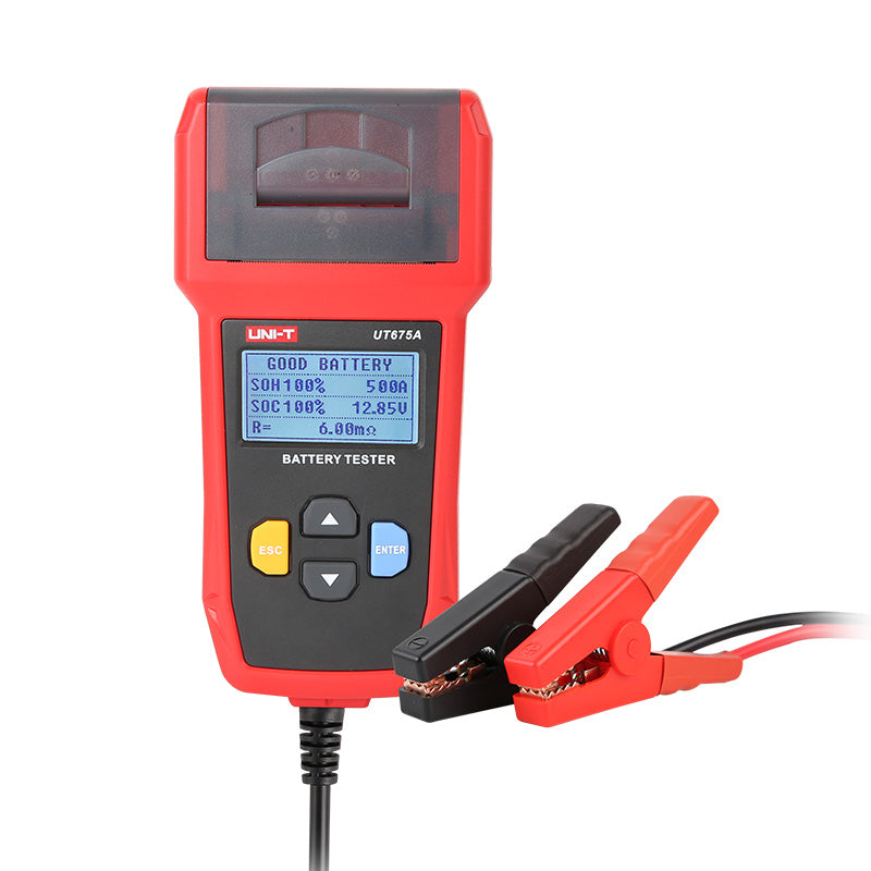 UNI-T UT675A Automotive Battery Tester – 12V/24V, CCA 40–2000, Cranking & Charging System Test, Internal Resistance, Battery Health Analyzer - a digital display showing "GOOD BATTERY" and test data, with attached black and red alligator clips.