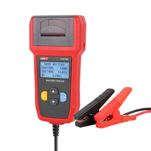 UNI-T UT675A Automotive Battery Tester – 12V/24V, CCA 40–2000, Cranking & Charging System Test, Internal Resistance, Battery Health Analyzer - with a screen showing battery health data, navigation buttons, and attached black and red alligator clips.