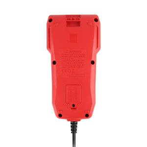 UNI-T UT675A Automotive Battery Tester – 12V/24V, CCA 40–2000, Cranking & Charging System Test, Internal Resistance, Battery Health Analyzer - rear view showing the red plastic casing, the battery compartment cover, and the attached cable.