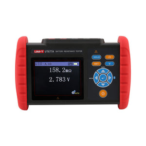 UNI-T UT677A Battery Internal Resistance Tester – 1kHz AC 4-Terminal, 0–3Ω / 0.1µΩ, 3.5" Colour Screen, Bluetooth & USB, PASS/WARN/FAIL, Battery Analyzer - a black and red handheld device with a screen displaying 158.2mΩ and 2.783V and control buttons.