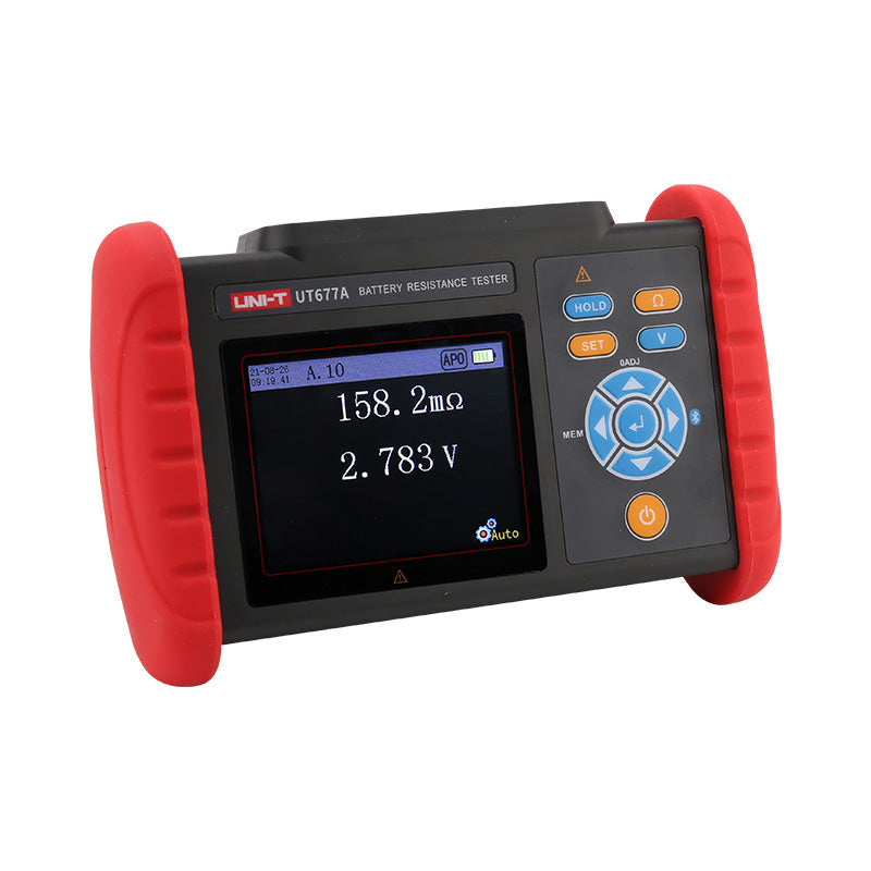 UNI-T UT677A Battery Internal Resistance Tester – 1kHz AC 4-Terminal, 0–3Ω / 0.1µΩ, 3.5" Colour Screen, Bluetooth & USB, PASS/WARN/FAIL, Battery Analyzer - with a black body, red protective bumpers, a 3.5-inch screen showing 158.2mΩ and 2.783V, and control buttons.