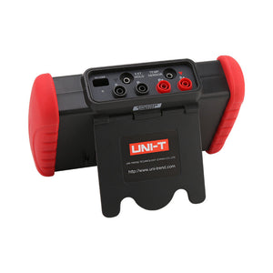 UNI-T UT677A Battery Internal Resistance Tester – 1kHz AC 4-Terminal, 0–3Ω / 0.1µΩ, 3.5" Colour Screen, Bluetooth & USB, PASS/WARN/FAIL, Battery Analyzer - the back panel with a fold-out stand, USB port, and labeled sensor and probe input terminals.