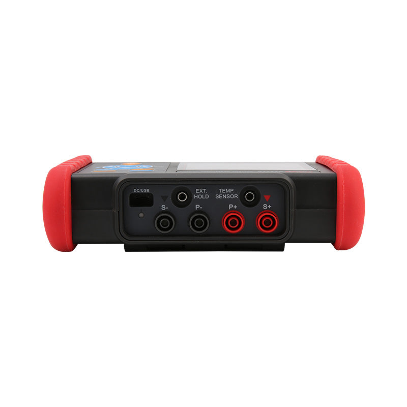 UNI-T UT677A Battery Internal Resistance Tester – 1kHz AC 4-Terminal, 0–3Ω / 0.1µΩ, 3.5" Colour Screen, Bluetooth & USB, PASS/WARN/FAIL, Battery Analyzer - the bottom panel with DC/USB, EXT. HOLD, TEMP. SENSOR, and S-, P-, P+, S+ input terminals.