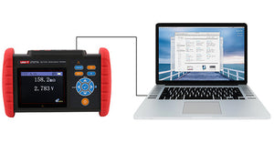 UNI-T UT677A Battery Internal Resistance Tester – 1kHz AC 4-Terminal, 0–3Ω / 0.1µΩ, 3.5" Colour Screen, Bluetooth & USB, PASS/WARN/FAIL, Battery Analyzer - with a black and red casing, digital display showing 158.2mΩ and 2.783V, connected to a laptop.