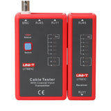 UNI-T UT681C Network Cable Tester – RJ45 / RJ11 / BNC, Fast/Slow/Scan/Full Test Modes, 19-LED, Open/Short/Crossover, LAN Coax Ethernet Tester - the red transmitter and receiver units with BNC, RJ45, and RJ11 ports, status light, switch button, and LED indicators.