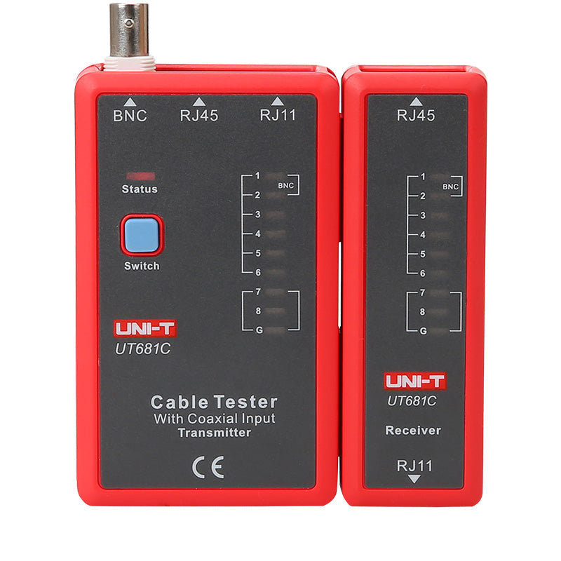 UNI-T UT681C Network Cable Tester – RJ45 / RJ11 / BNC, Fast/Slow/Scan/Full Test Modes, 19-LED, Open/Short/Crossover, LAN Coax Ethernet Tester - the red transmitter and receiver units with BNC, RJ45, and RJ11 ports, status light, switch button, and LED indicators.