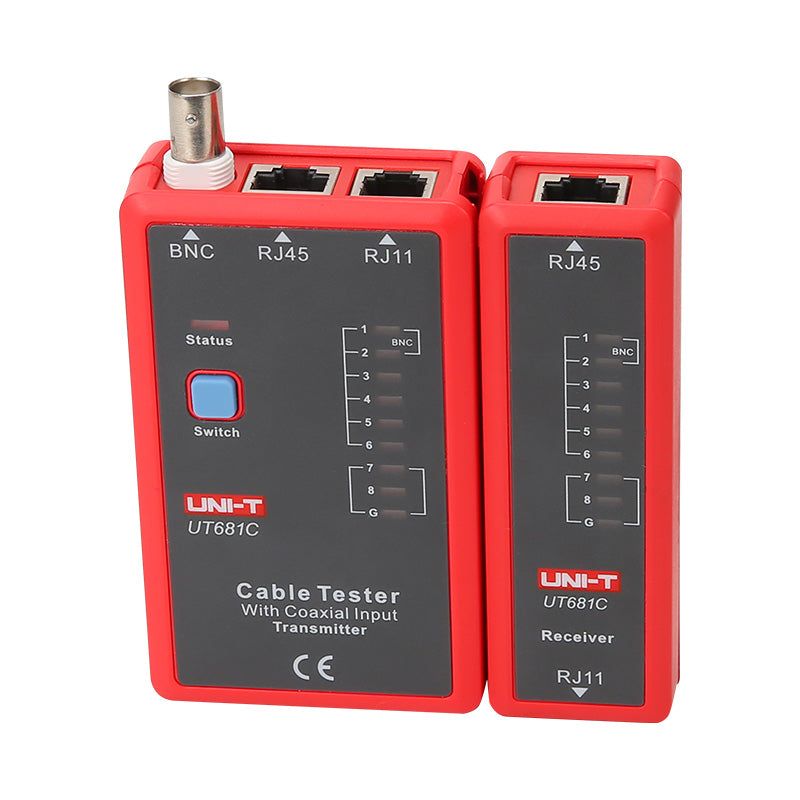 UNI-T UT681C Network Cable Tester – RJ45 / RJ11 / BNC, Fast/Slow/Scan/Full Test Modes, 19-LED, Open/Short/Crossover, LAN Coax Ethernet Tester - the red transmitter unit with a BNC connector, RJ45 and RJ11 ports, and the red receiver unit with an RJ45 port.