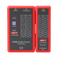 UNI-T UT681HDMI Cable Tester – HDMI / Mini-HDMI + RJ45 / RJ11, Open/Short/Crossover Detection, Shielded/Unshielded, HDMI Line Tester - the red transmitter and receiver units side-by-side, each featuring pin-mapping diagrams and a blue power button.
