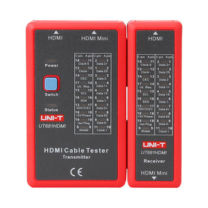 UNI-T UT681HDMI Cable Tester – HDMI / Mini-HDMI + RJ45 / RJ11, Open/Short/Crossover Detection, Shielded/Unshielded, HDMI Line Tester - the red transmitter and receiver units side-by-side, each featuring pin-mapping diagrams and a blue power button.