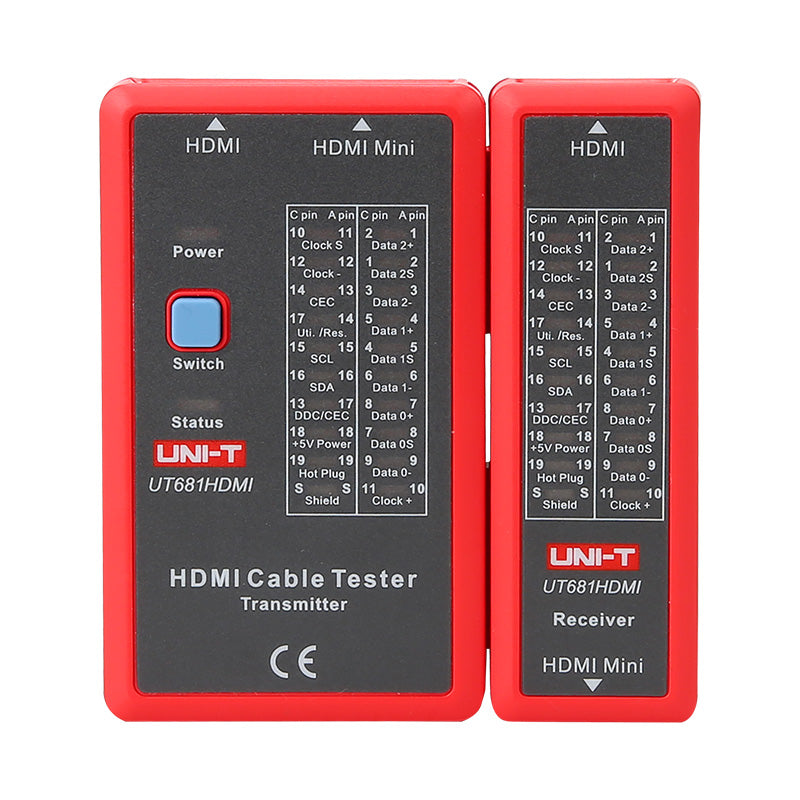 UNI-T UT681HDMI Cable Tester – HDMI / Mini-HDMI + RJ45 / RJ11, Open/Short/Crossover Detection, Shielded/Unshielded, HDMI Line Tester - the red transmitter and receiver units side-by-side, each featuring pin-mapping diagrams and a blue power button.