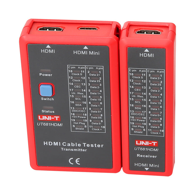 UNI-T UT681HDMI Cable Tester – HDMI / Mini-HDMI + RJ45 / RJ11, Open/Short/Crossover Detection, Shielded/Unshielded, HDMI Line Tester - the red transmitter and receiver units with HDMI and HDMI Mini ports, a power button, and pinout diagrams.