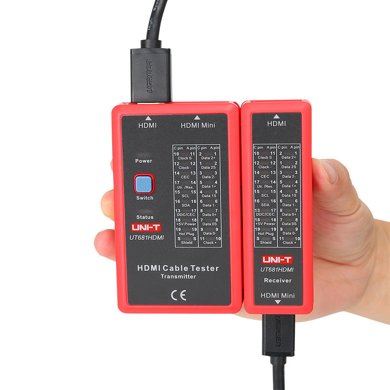 UNI-T UT681HDMI Cable Tester – HDMI / Mini-HDMI + RJ45 / RJ11, Open/Short/Crossover Detection, Shielded/Unshielded, HDMI Line Tester - the red transmitter and receiver units connected by HDMI cables, with pinout diagrams printed on each device.
