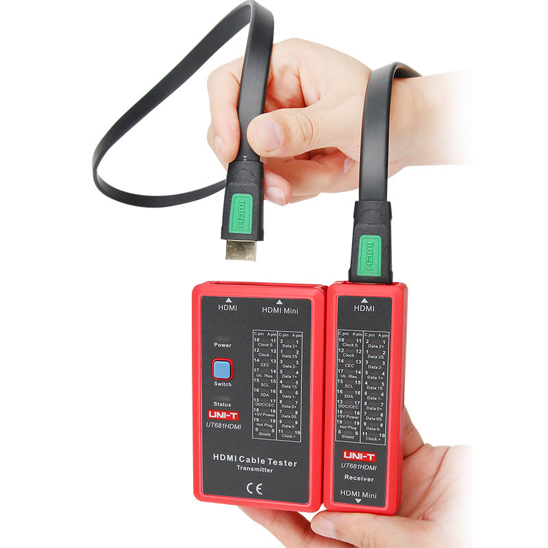 UNI-T UT681HDMI Cable Tester – HDMI / Mini-HDMI + RJ45 / RJ11, Open/Short/Crossover Detection, Shielded/Unshielded, HDMI Line Tester - a red transmitter and receiver unit connected by an HDMI cable held by hands, with pinout diagrams printed on them.