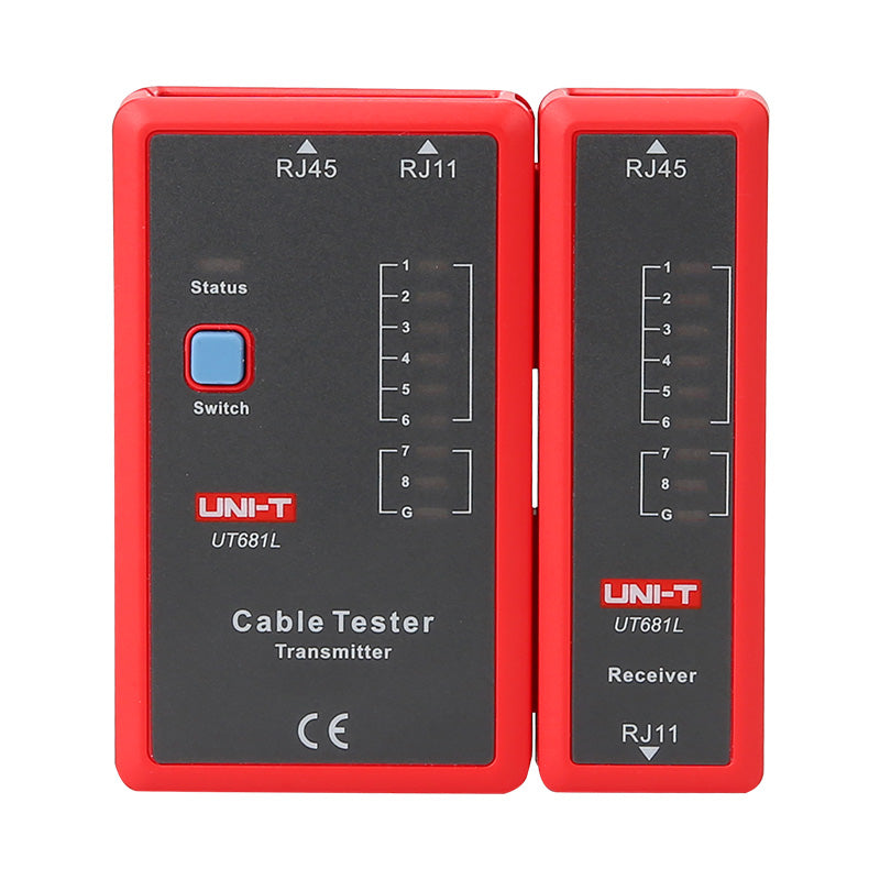 UNI-T UT681L Network Cable Tester – RJ45 / RJ11, Fast & Slow Test Modes, Shielded/Unshielded, Open/Short/Crossover Detection, LAN Ethernet Tester - the red transmitter and receiver units with RJ45 and RJ11 ports, LED indicators, and a blue switch button.