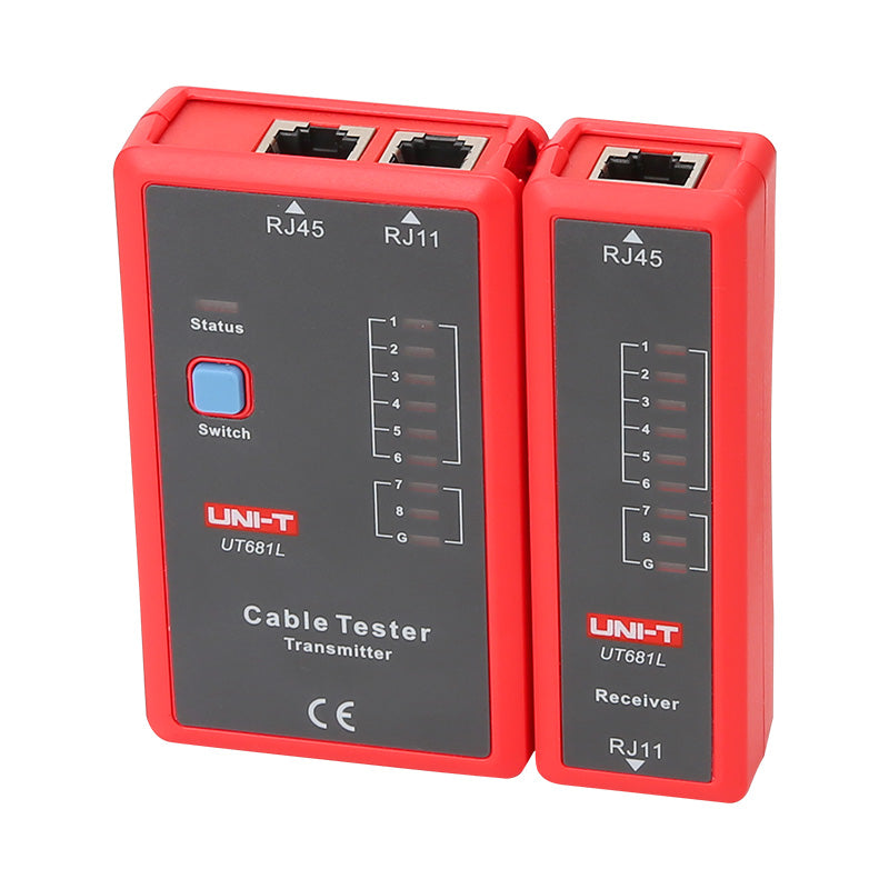 UNI-T UT681L Network Cable Tester – RJ45 / RJ11, Fast & Slow Test Modes, Shielded/Unshielded, Open/Short/Crossover Detection, LAN Ethernet Tester - the red transmitter unit with RJ45/RJ11 ports and status button beside the red receiver unit with an RJ45 port.