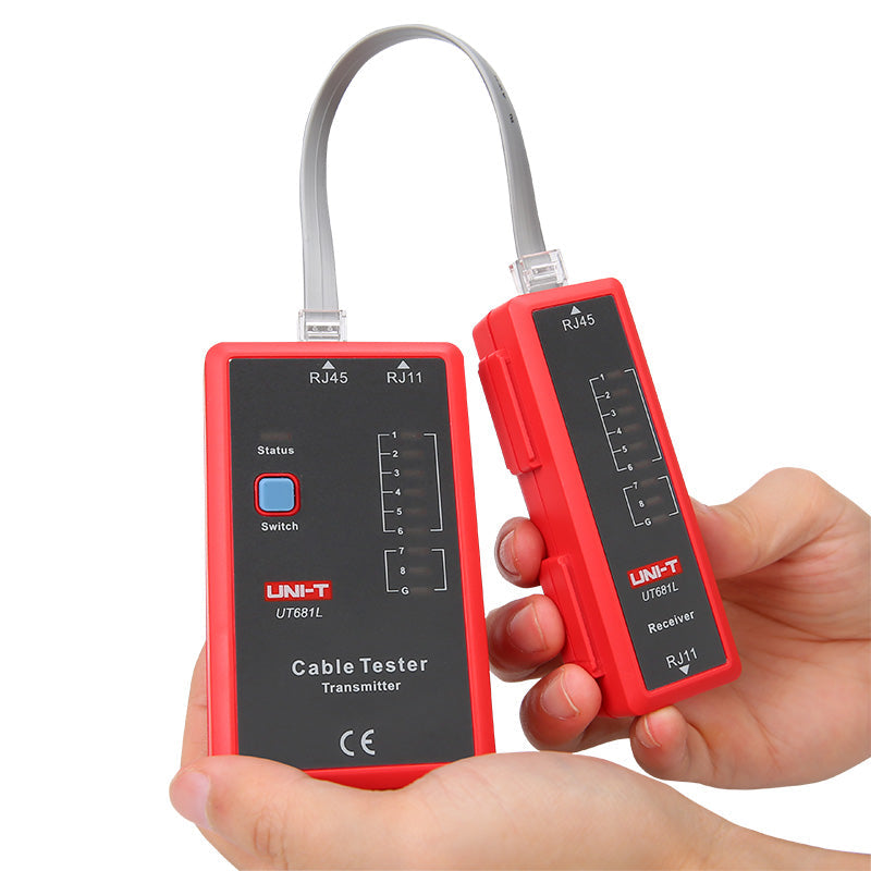 UNI-T UT681L Network Cable Tester – RJ45 / RJ11, Fast & Slow Test Modes, Shielded/Unshielded, Open/Short/Crossover Detection, LAN Ethernet Tester - the red transmitter and receiver units connected by a grey ribbon cable, held in a person's hands.