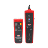 UNI-T UT682 Wire Tracker & Tone Generator – LAN / Telephone / Coax / Electric Wire, Live Wire Tracing, Open/Short Test, Cable Toner and Probe - a red and black transmitter with RJ11/RJ45 ports and a receiver probe with a test button and signal indicator lights.