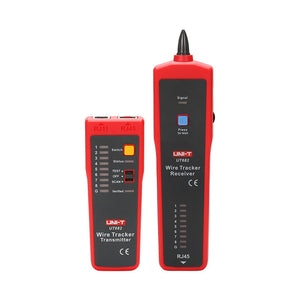 UNI-T UT682 Wire Tracker & Tone Generator – LAN / Telephone / Coax / Electric Wire, Live Wire Tracing, Open/Short Test, Cable Toner and Probe - a red and black transmitter with RJ11/RJ45 ports and a receiver probe with a test button and signal indicator lights.